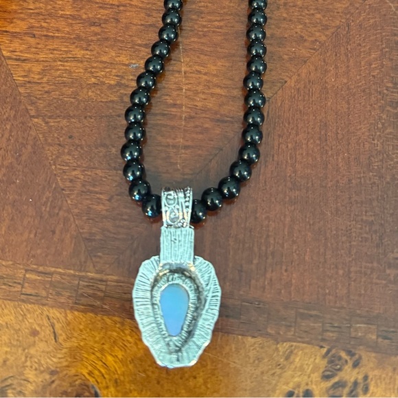 Blue Milky Opal, Simulated, Silver Plated Pendant, Black Beaded Boho Necklace - Picture 8 of 11
